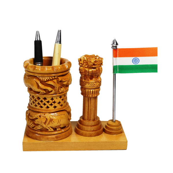 Wooden Pen Stand for Office Desk with Flag Manufacturers, Suppliers in Kanyakumari